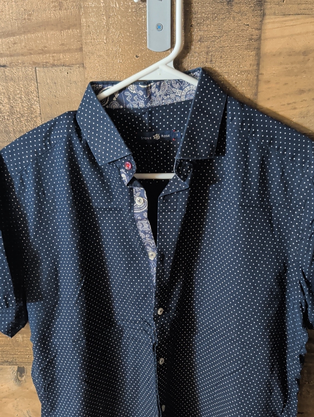 Stone Rose Navy Polka Dot Short-Sleeve Button Shirt with Paisley Trim